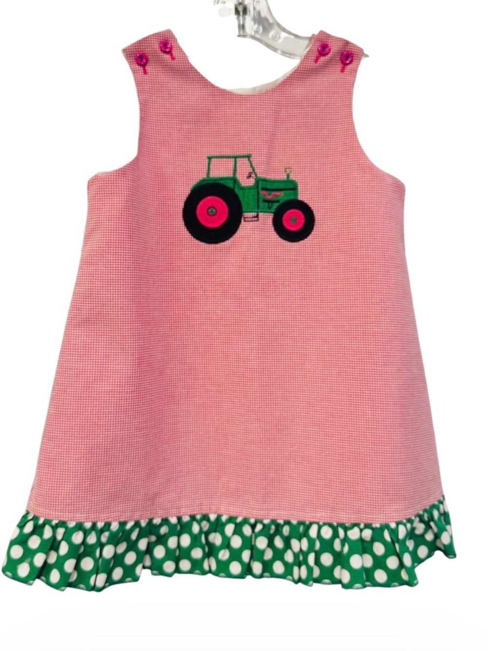 The Bailey Boys Gingham Tractor Appliqué Dress with Green Polka Dot Ruffle 4T